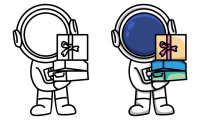 astronaut hold gift box coloring page for kids