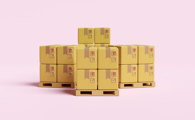 stacked goods cardboard box with pallet,space isolated on pink background.concept 3d illustration or 3d render