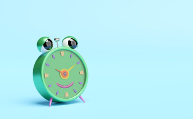 cartoon character green alarm clock wake-up time morning with space isolated on blue background.concept 3d illustration or 3d render