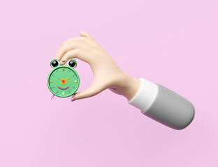 businessman hands holding cartoon character alarm clock wake-up time morning isolated on pink background.concept 3d illustration or 3d render