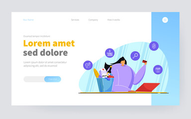 Happy woman with laptop ordering food. Female with credit card in hand shopping online flat vector illustration. Ecommerce, online food delivery concept for banner, website design or landing web page