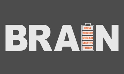 Brain word with battery icon and relative tags cloud
