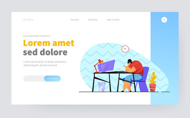 Unhappy millennial professional tired of her work or job, Exhausted freelance worker going through burnout. Vector illustration for tiredness, fatigue, low performer concept