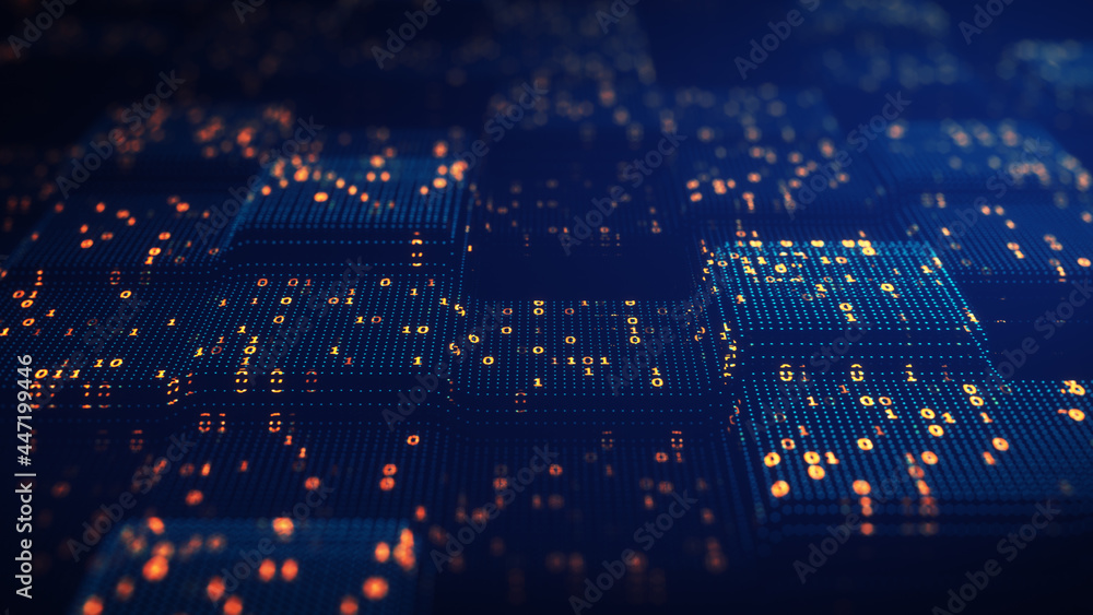 Sticker block chain concept. big data binary code futuristic information technology, data flow. transferring