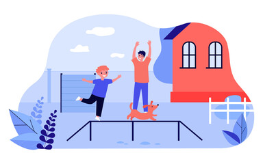 Father and son training cute puppy in backyard. Happy child playing with dog outdoors flat vector illustration. Family, pets, dog training concept for banner, website design or landing web page