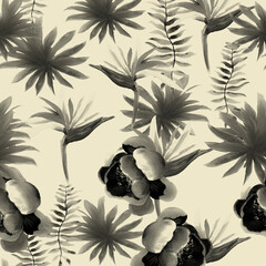 White Pattern Leaves. Black Tropical Design. Gray Floral Botanical. Decoration Plant. Floral Exotic. Summer Texture. Spring Hibiscus. Wallpaper Illustration.