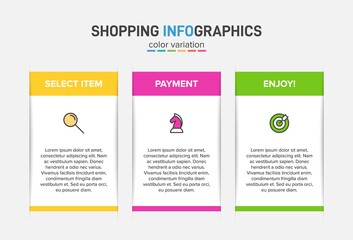 Concept of shopping process with 3 successive steps. Three colorful graphic elements. Timeline design for brochure, presentation, web site. Infographic design layout.