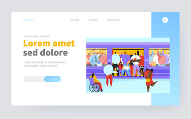 Disabled woman squeezing into overcrowded train. Crowd of people in metro flat vector illustration. Overpopulation, rush hour, public transport concept for banner, website design or landing web page