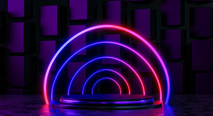Circle Neon Light Podium Stage Round Black Dark Display Product 3D Rendering © natanaelginting