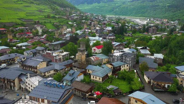 Mestia township in Zemo Svaneti, Georgia Caucasus Mountains, 4K aerial shot