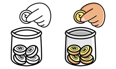 Hands depositing coin in a jar coloring page for kids