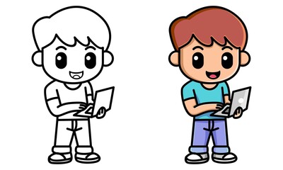boy working on laptop coloring page for kids