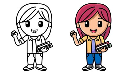 girl holding books in hands coloring page for kids