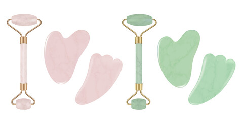 Hilitand Jade Roller for Face and Gua Sha Massage. Natural pink rose and green quartz stone roller and Scraping Plate Kit. Anti-Aging Beauty Skincare Tool. Vector illustration. - obrazy, fototapety, plakaty