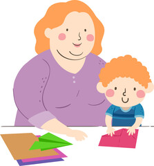 Boy Mother Teach Paper Plane Folding Illustration