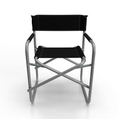 Directors Chair 3d render of an aluminum constructed folding directors chair with black seat material and black back rest with stitch lines isolated on a white background, Front View