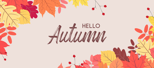 Hello autumn falling leaves. Autumnal foliage fall and poplar leaves. Autumn design. Templates for placards, banners, flyers, presentations, reports. - obrazy, fototapety, plakaty