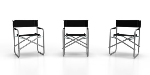 Directors Chairs 3d render of three aluminum constructed folding directors chairs with black seat material and black back rests with stitch lines isolated on a white background, Front View. - obrazy, fototapety, plakaty