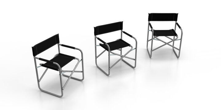 Directors Chairs 3d render of three aluminum constructed folding directors chairs with black seat material and black back rests with stitch lines isolated on a white background, Perspective View.