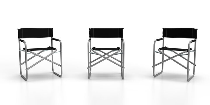 Directors Chairs 3d render of three aluminum constructed folding directors chairs with black seat material and black back rests with stitch lines isolated on a white background, Front View.