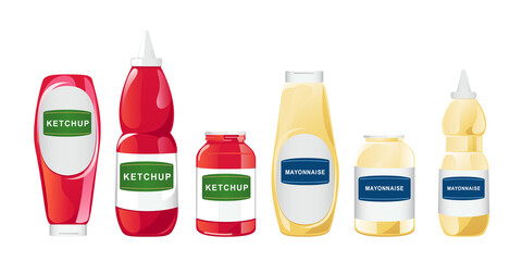Ketchup and mayonnaise in the bottles with label set. Vector illustration in flat cartoon style.
