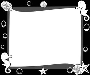 Obraz premium blue frame, seahorse and starfish and seashell border, background vector