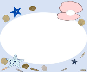 blue frame, seahorse and starfish and seashell border, background vector