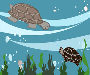 sea turtle swimming , sea turtle and seahorse background sea and algae green vector illustration sea life
