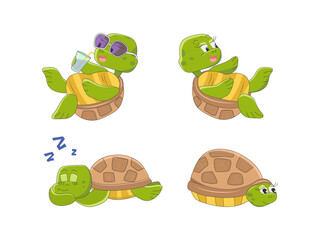 Set of cute turtle characters. The funny animal is resting, lying on its back, drinking a cocktail, sleeping and hiding in its shell. Vector illustration in cartoon style