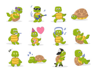 Set of cute turtle characters. Funny animal resting and having fun, doing sports, meditating.Vector illustration in cartoon style
