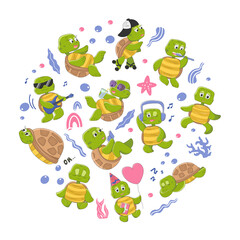 Cute turtle characters set, seaweed and starfish. The funny animal is resting and having fun, playing sports, meditating. Vector illustration in cartoon style