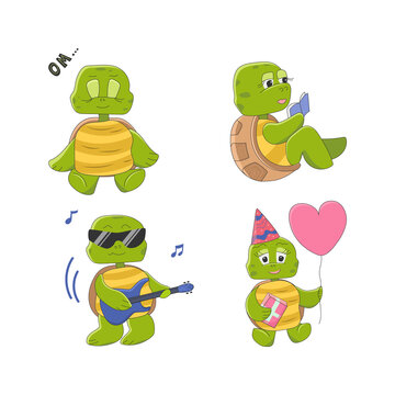 Set of cute turtle characters. Funny animal meditates, plays the electric guitar, reads a book. Happy birthday greeting card. Vector illustration in cartoon style