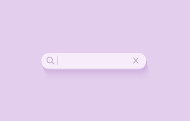 3D search bar. Browser button for website and UI design. Search form template. Vector illustration on soft violet background.