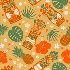 Tropical summer on paradise beach. Seamless pattern with Tiki mask, monstera leaves, pineapple, hibiscus. For wallpapers, web page backgrounds, surface textures, fabrics. Vector illustration. © Pagina