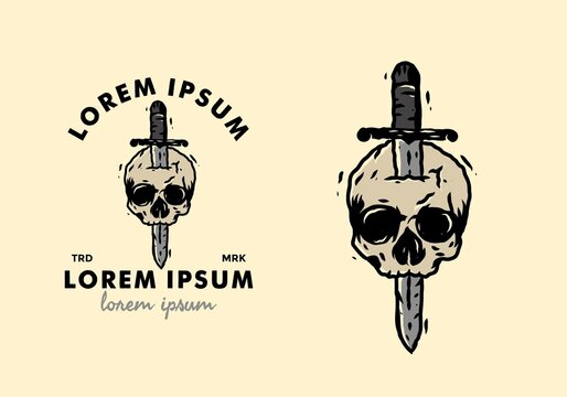 Vintage colorful drawing of skull and knife