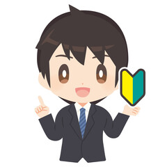 初心者マークを持った指差しするビジネスパーソンのイラスト