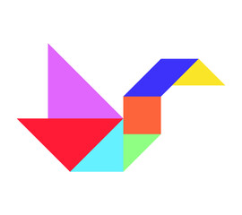 Color tangram puzzle in bird (duck, goose, swan) shape on white background