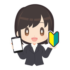 スマートフォンと初心者マークを持ったビジネスパーソンのイラスト