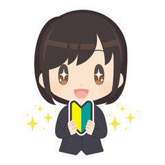 初心者マークを持った期待が高まるビジネスパーソンのイラスト