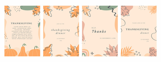 Fototapeta na wymiar Set of Happy Thanksgiving Invitation Cards with leaves, pumpkins, geometric shapes and strokes. Abstract vertical banner or background with copy space for text. Vector illustration.