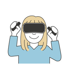 Woman enjoy entertainment with VR goggles headset and controllers
