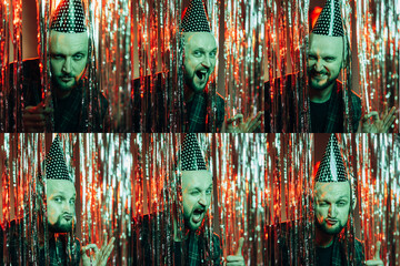Birthday collage. Playful man. Face expression. Party fun. Holiday shooting. Funny guy in festive horn hat making grimace on shimmering red cascade curtain decoration.