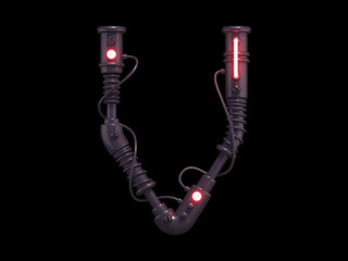 Black futuristic font, red light. Letter V.