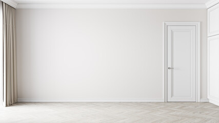 Modern classic empty interior with door, moldings, wood floor and blank wall. 3d render illustration mockup.