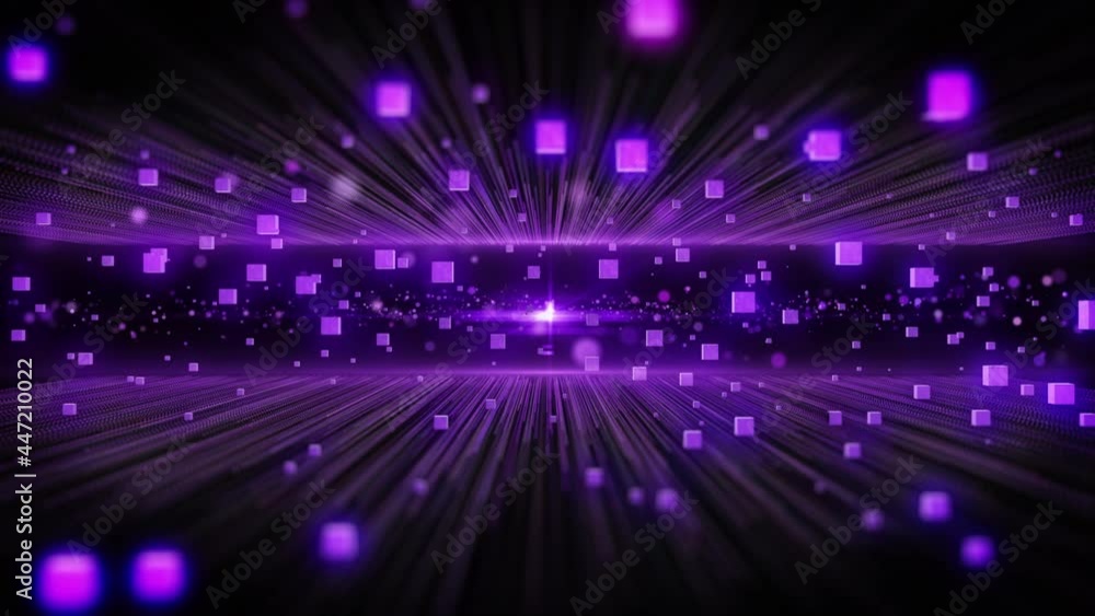 Poster Fantastic Purple Color Particle Blur Bokeh Straight Line Fly Through With Glow Cubic 4K Loop Motion Background
