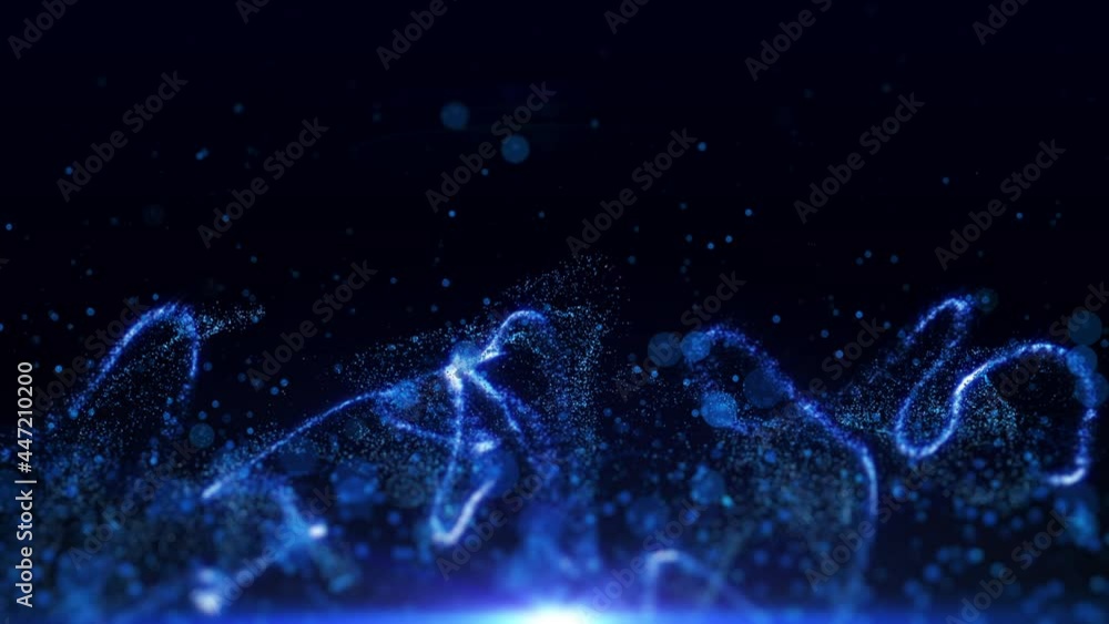 Poster abstract digital blue particle flying with fluid swirl wave 4k motion background.