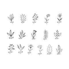 abstract flowers and leaves glued with tape icon set. hand drawn doodle. vector, scandinavian, nordic, minimalism, monochrome. plant, herbarium, scrapbooking.