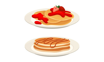 Sweet Crepe or Pancake Served on Plate with Strawberry Jam and Caramel Vector Set