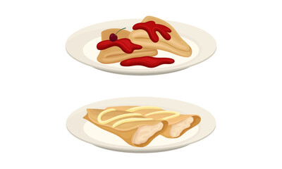 Sweet Crepe or Pancake Served on Plate with Cherry Jam and Quark Filling Vector Set