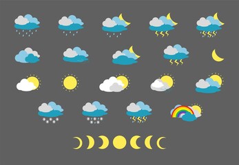 Obraz premium Big set of vector illustration icons depicting different weather phenomena. Use for design sites, interfaces, banners. You can choose the phase of the moon. Flat illustration, gray background EPS10